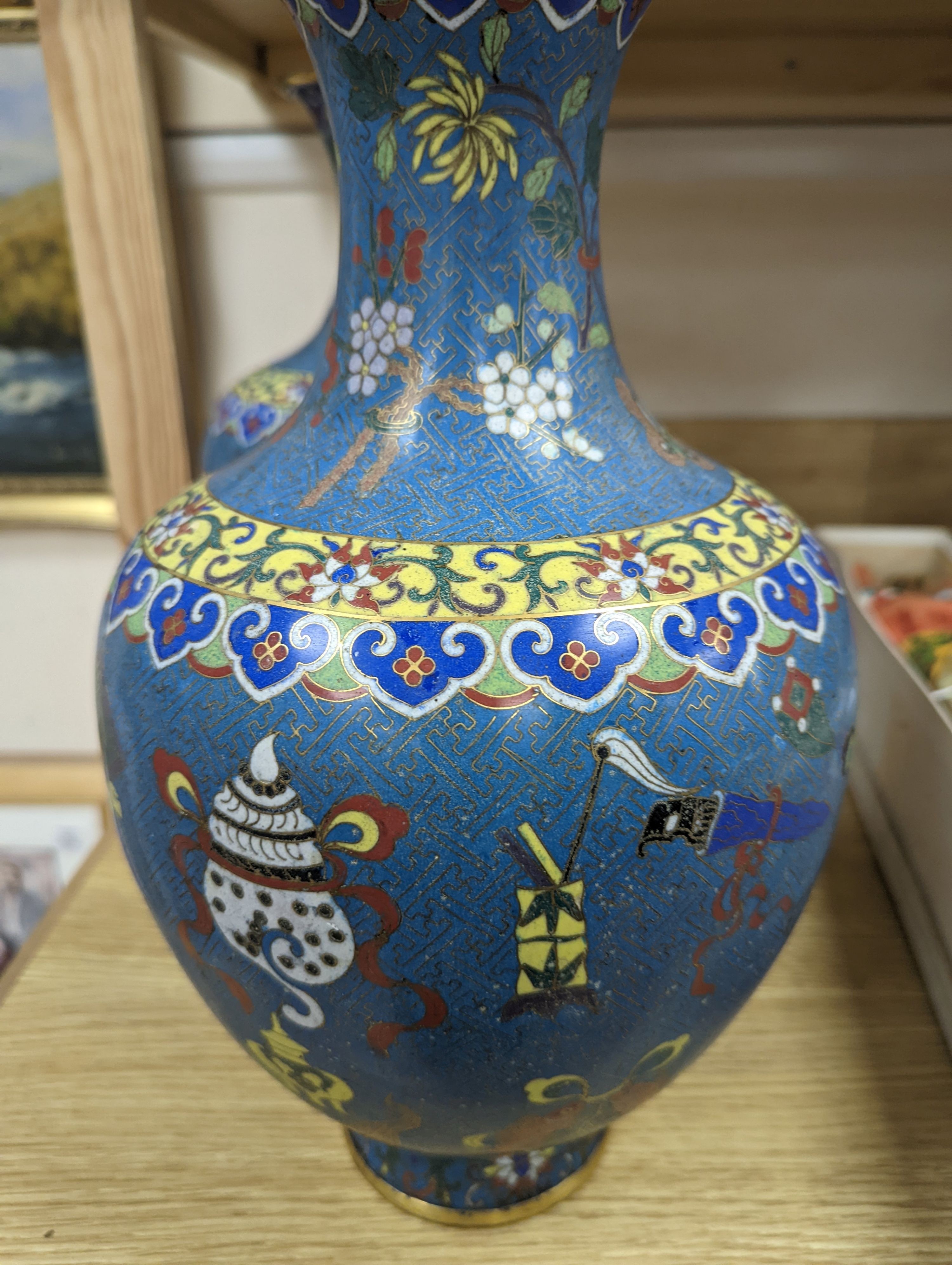 A pair of late 19th/early 20th century Chinese cloisonné enamel ‘Buddhist emblems’ vases 36cm